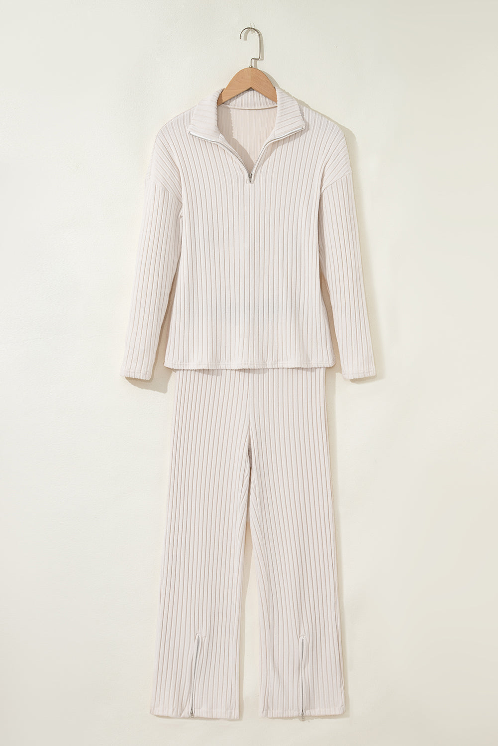 Zip Collar Ribbed Pullover Split Leg Lounge Pants Set
