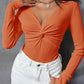 Textured Twist Front V Neck Long Sleeve Slim Solid Color Top