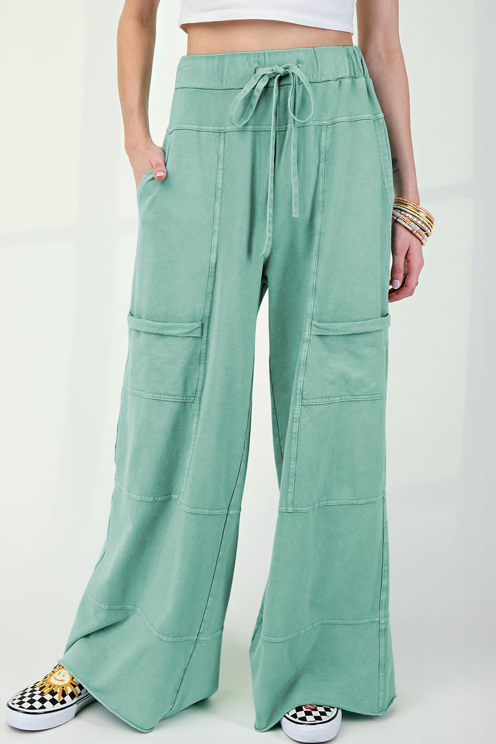 Mineral Wash Exposed Seam Drawstring High Waist Wide Leg Cargo Pants