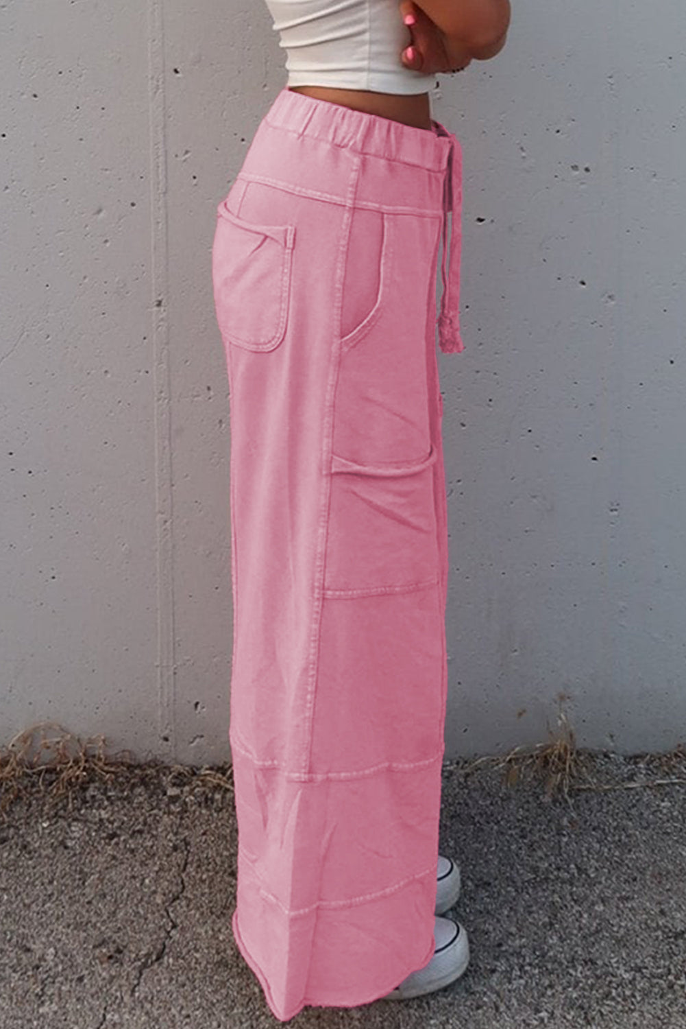 Mineral Wash Exposed Seam Drawstring High Waist Wide Leg Cargo Pants