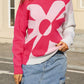 2-tone Contrast Flower Pattern Drop Shoulder Bulk Sweater