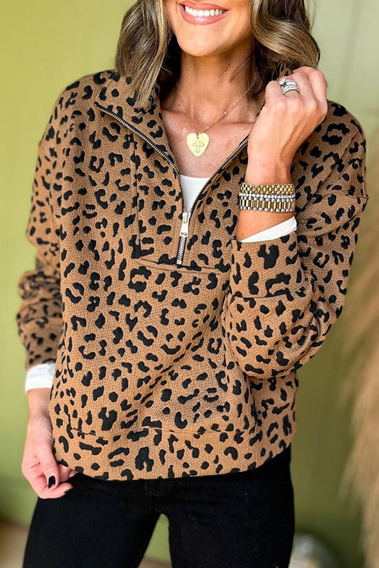 Leopard Print Quarter Zip Sweatshirt
