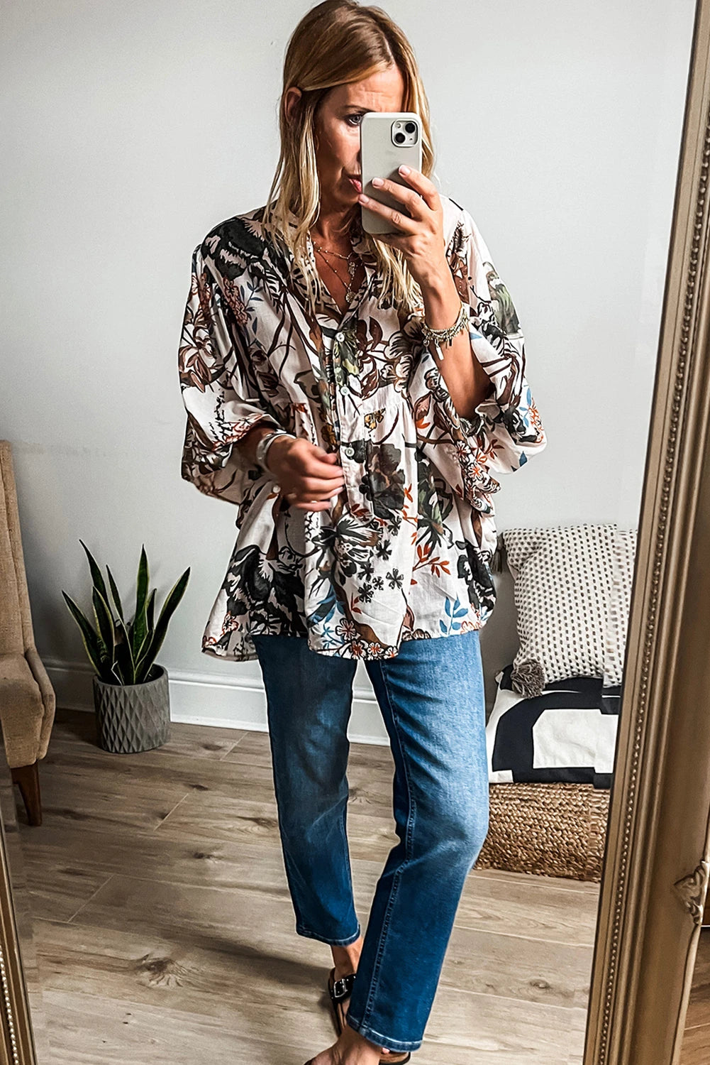 Boho Print Lantern Sleeve V Neck Blouse