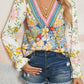 Floral Print Ruffled Long Sleeve Crochet Trim V Neck Blouse