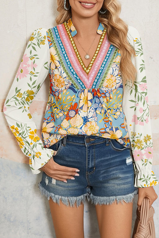 Floral Print Ruffled Long Sleeve Crochet Trim V Neck Blouse