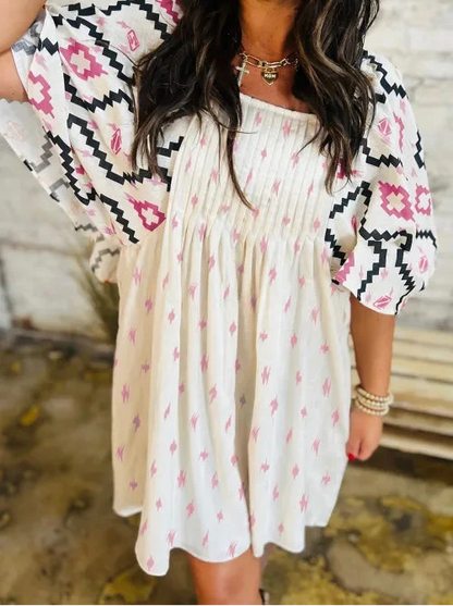 Pink Western Aztec Print Pleated Square Neck Loose Mini Dress
