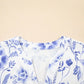 Blue Elegant Floral Print Ricrac Trim Short Sleeve Blouse