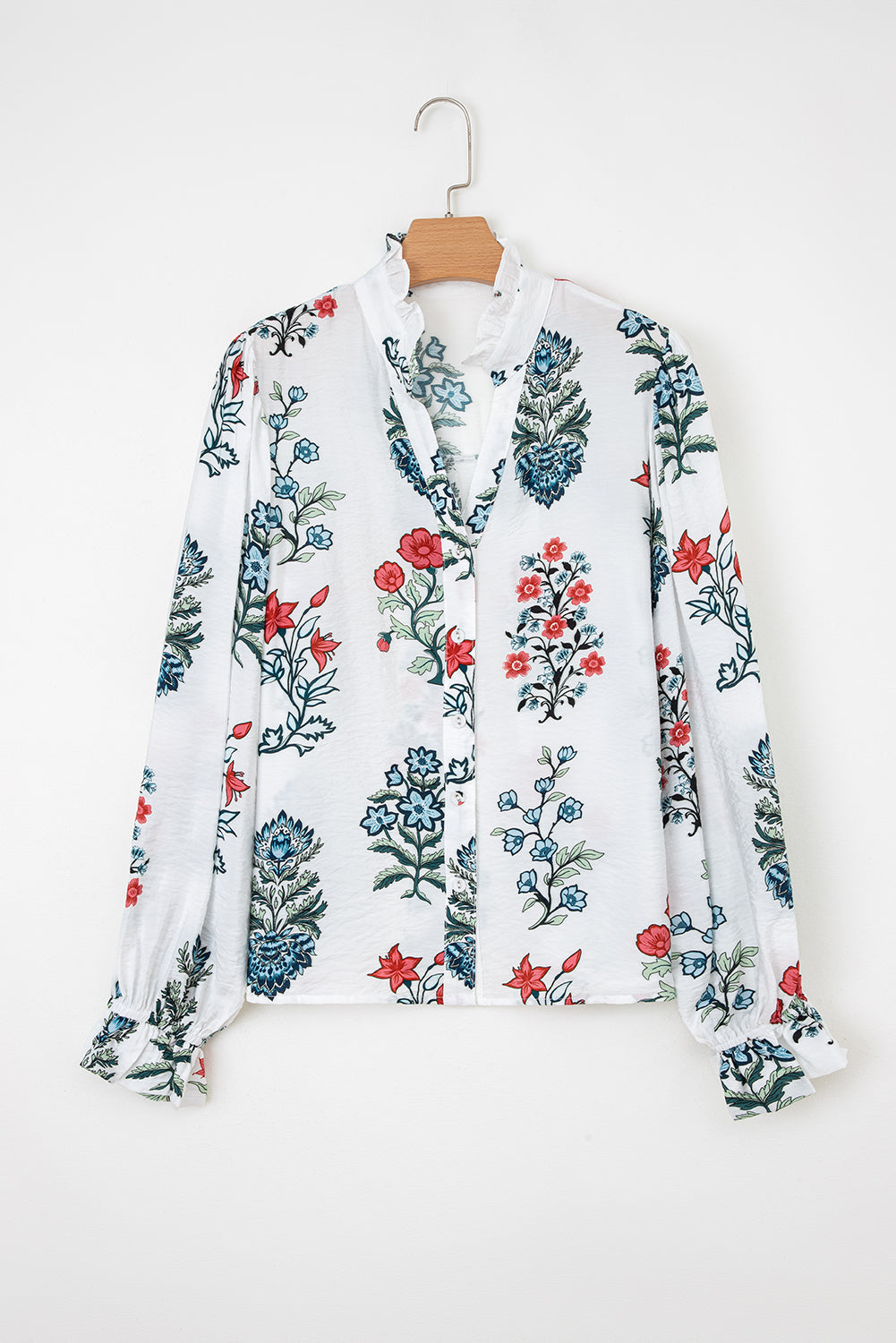 Floral Print Frilled Collar V Neck Button Down Long Sleeve Shirt