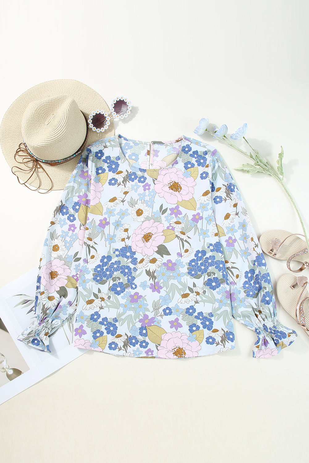 Floral Print Sweet Lantern Long Sleeve Blouse