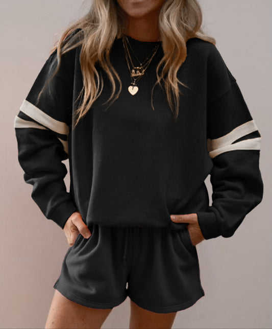 Varsity Striped Sleeve Drop Shoulder Sweatshirt and Short Set