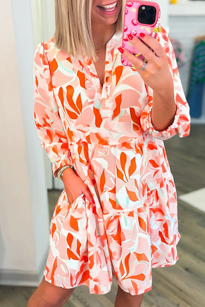 Abstract Print Split Neck Long Sleeve Dress