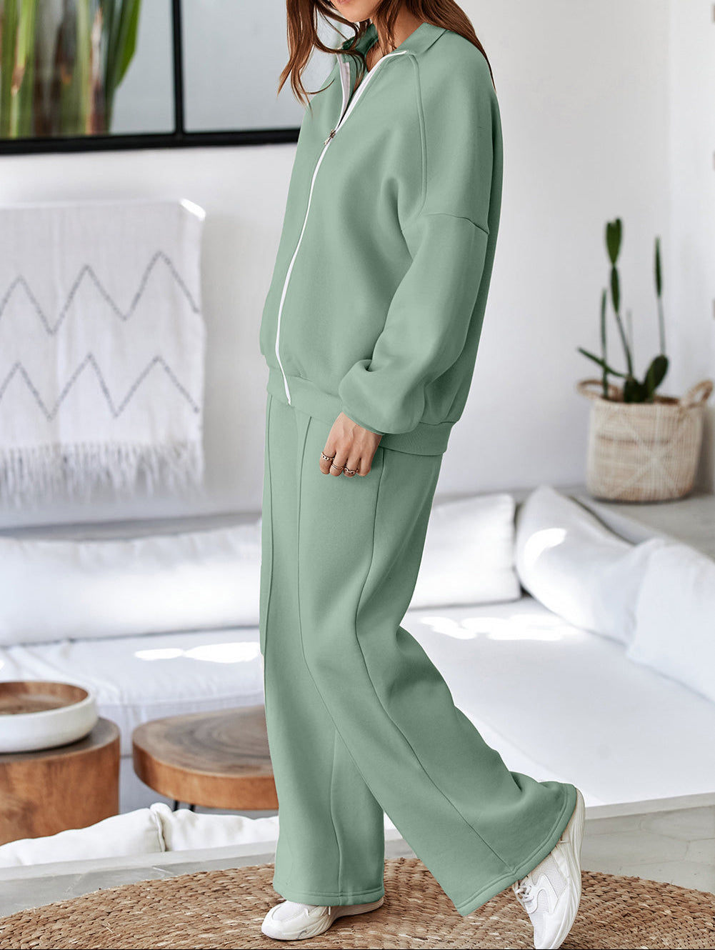 Drop Shoulder Zip Up Jacket Drawstring Pants Active 2pcs Set