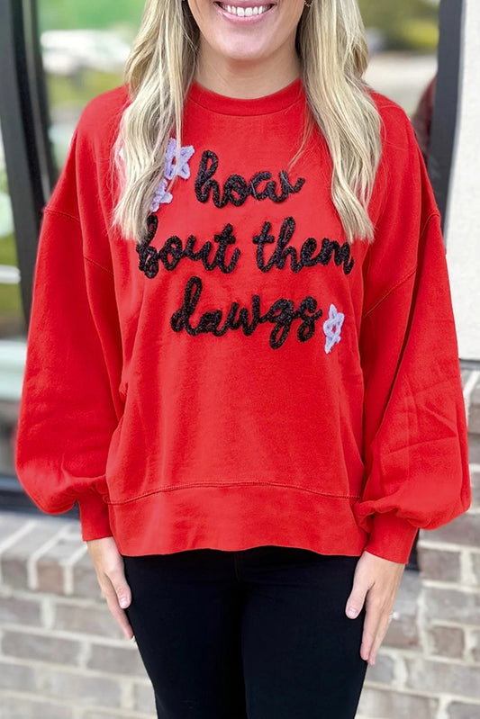 How Bout Them Dawgs Embroidered Script Balloon Sleeve Sweatshirt