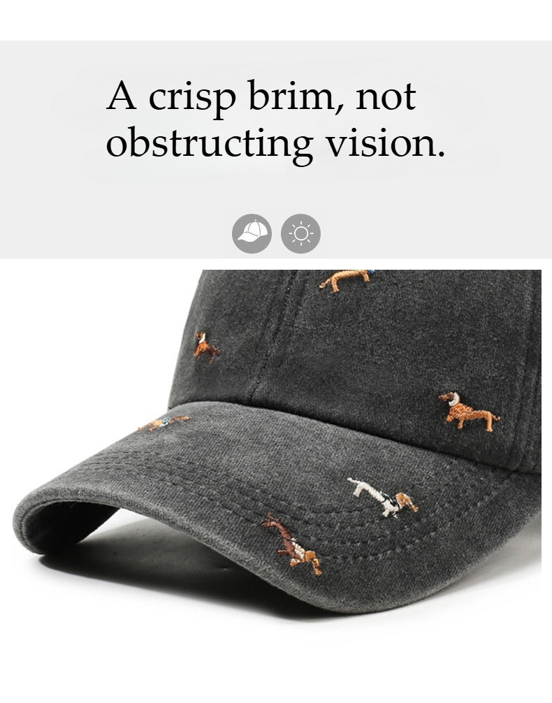 Vintage Distressed Baseball Cap with Puppy Embroidery