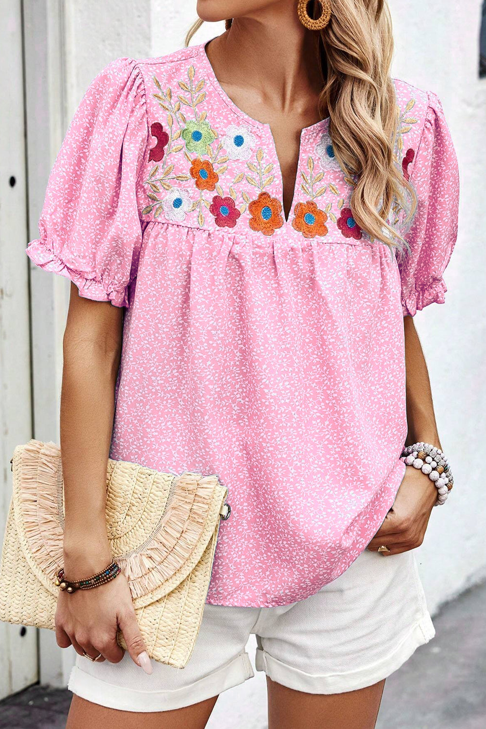Floral Embroidered Puff Sleeve Notched V Neck Blouse
