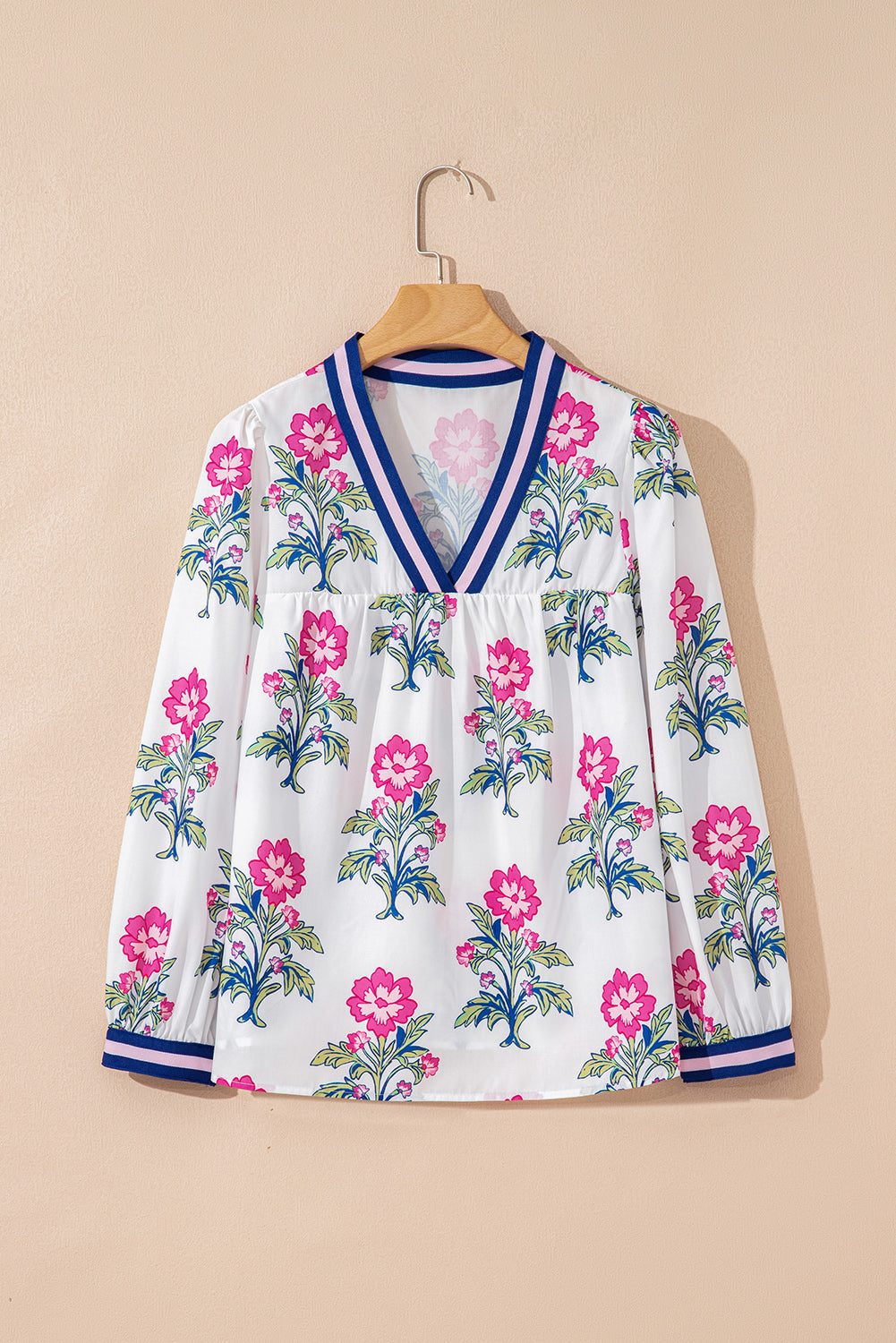 Floral Print Striped V Neck Blouse