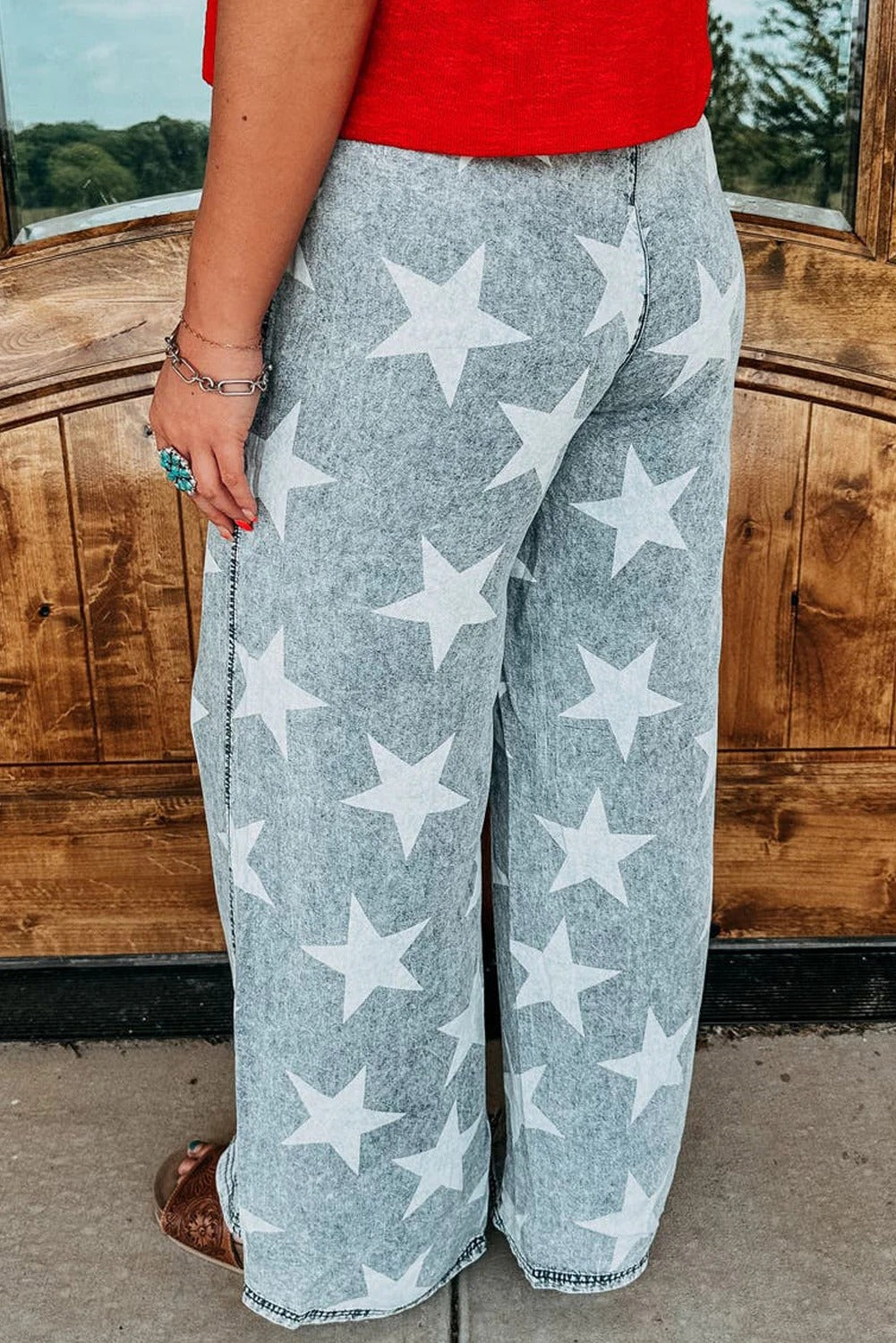 Star Light Wash Drawstring High Waist Wide Leg Jeans