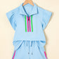 Striped Detail Flutter Sleeve Zipped Collar Short Set