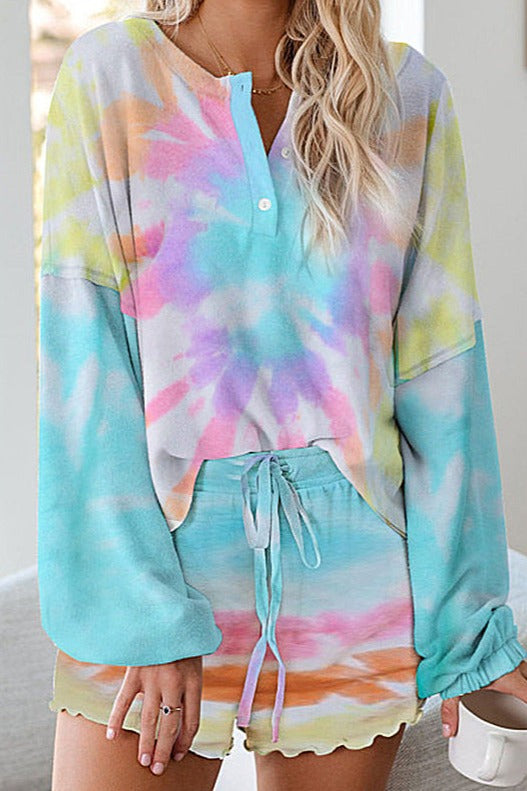 Tie-dye Printed Long-sleeved Top + Shorts Set