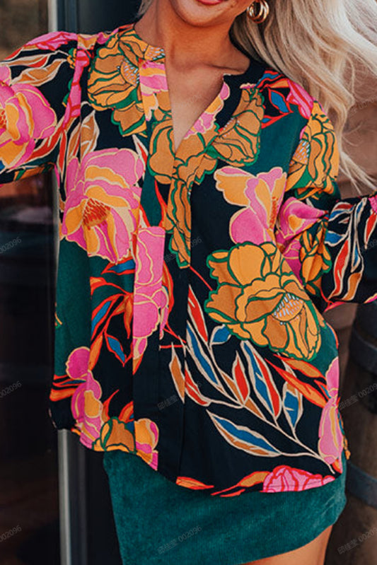 Floral Print Smocked Cuffs Puff Sleeve V Neck Blouse