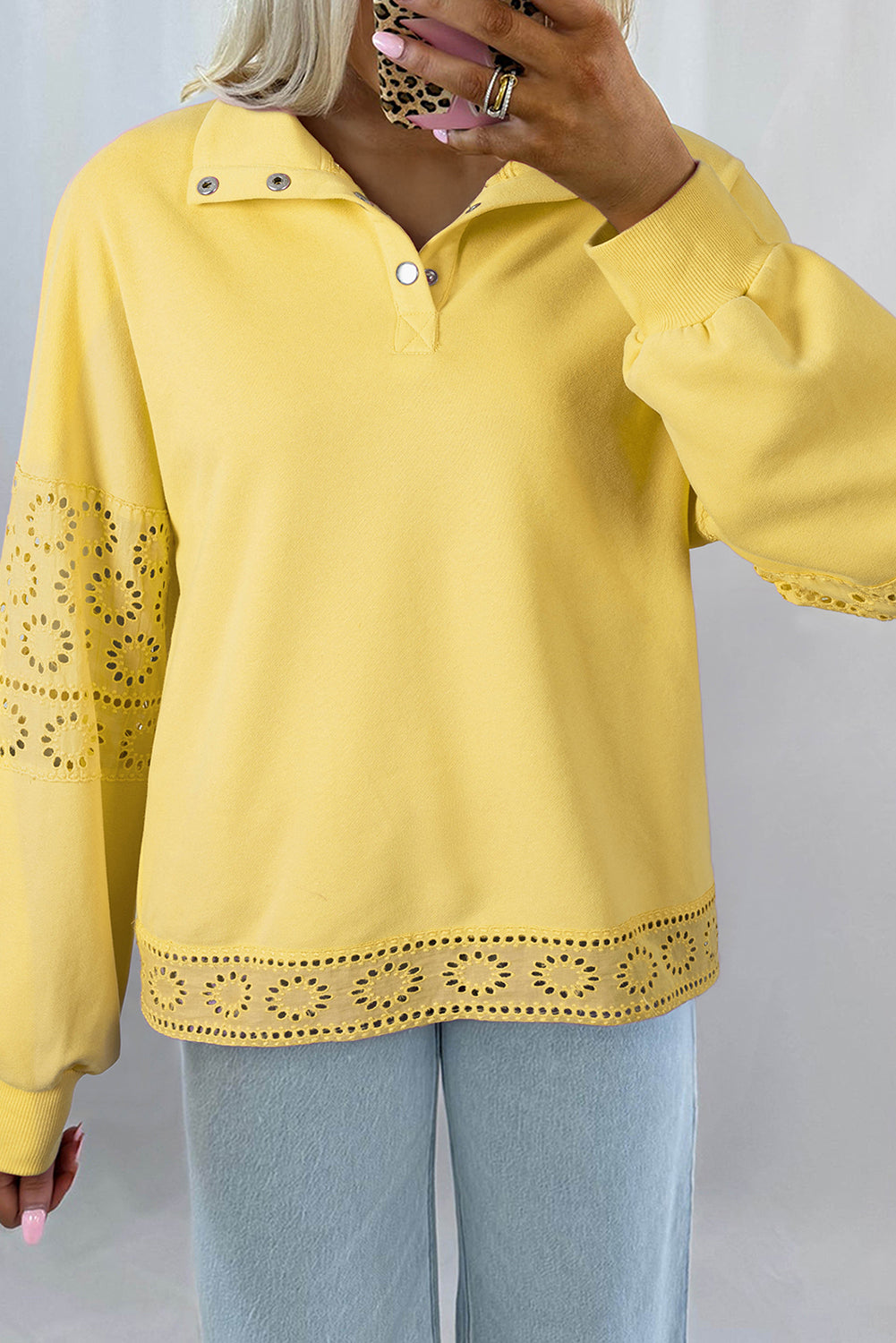 Embroidered Flower Patchwork Snap Buttons Pullover Sweatshirt