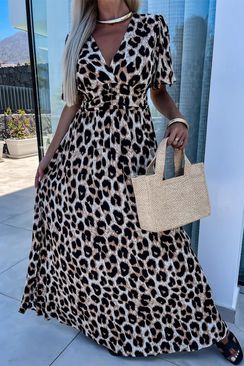 Leopard V Neck Cinched Open Back Maxi Dress