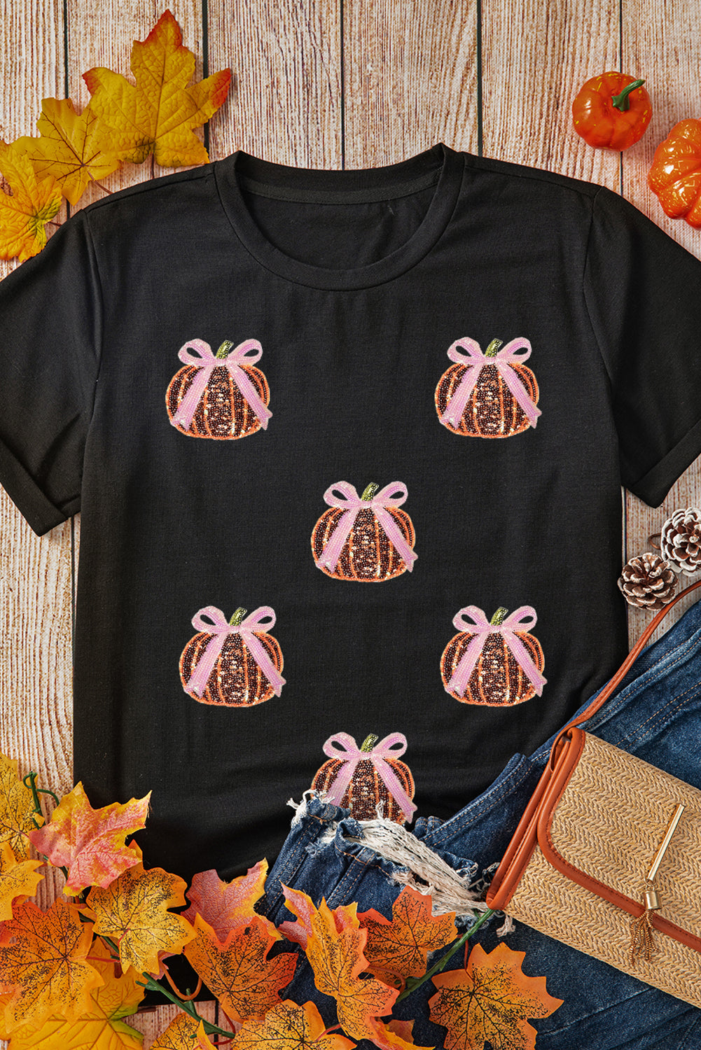 Sequin Bow Pumpkin Patched Cotton Blend T Shirt