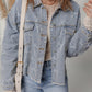 Bow Knot Print Light Wash Raw Hem Denim Jacket