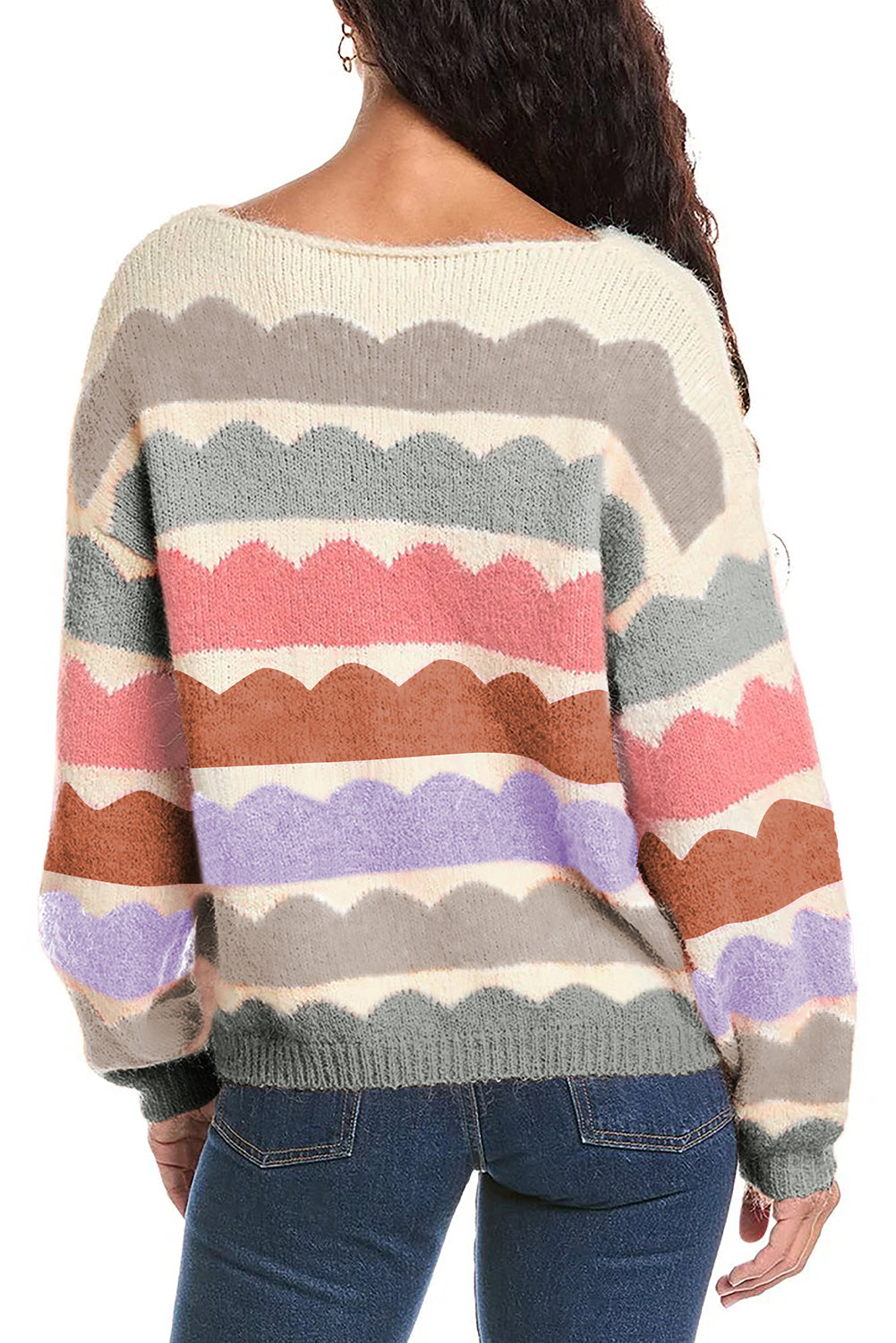 Wave Striped Balloon Sleeve Loose Sweater