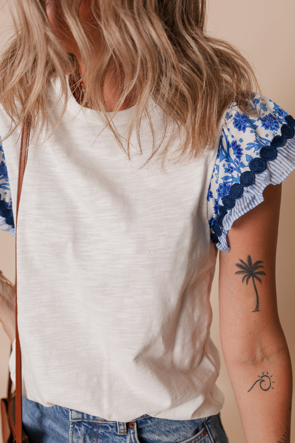 Ricrac Trim Printed Flutter Sleeve Contrast Patchwork Blouse