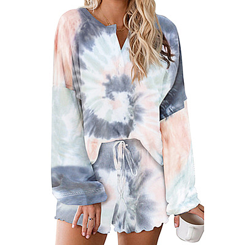 Tie-dye Printed Long-sleeved Top + Shorts Set