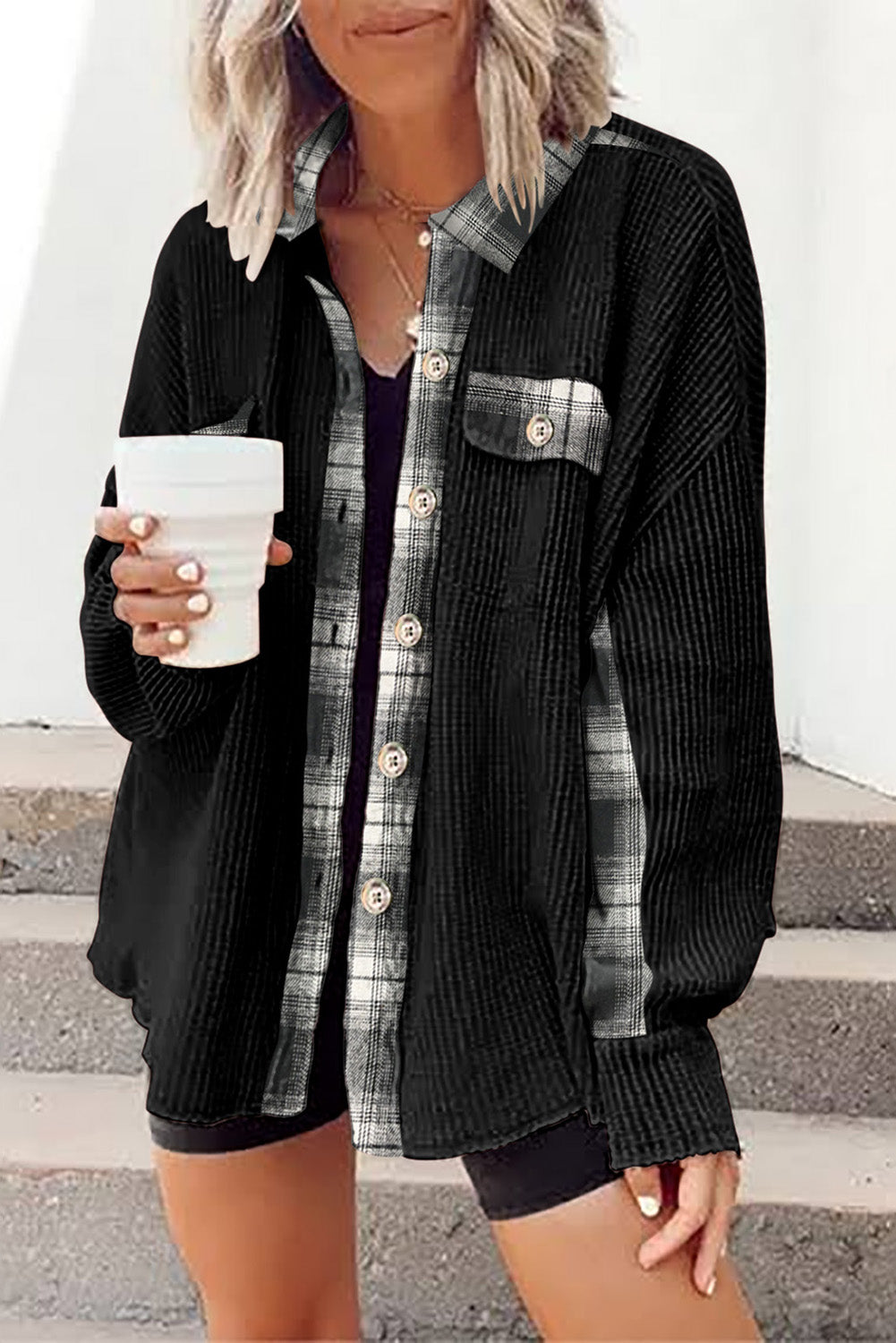 Plaid Waffle Knit Shacket