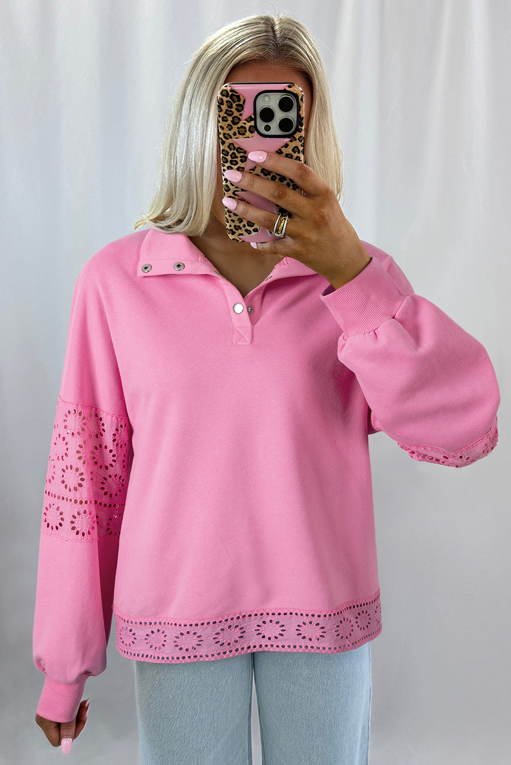 Embroidered Flower Patchwork Snap Buttons Pullover Sweatshirt