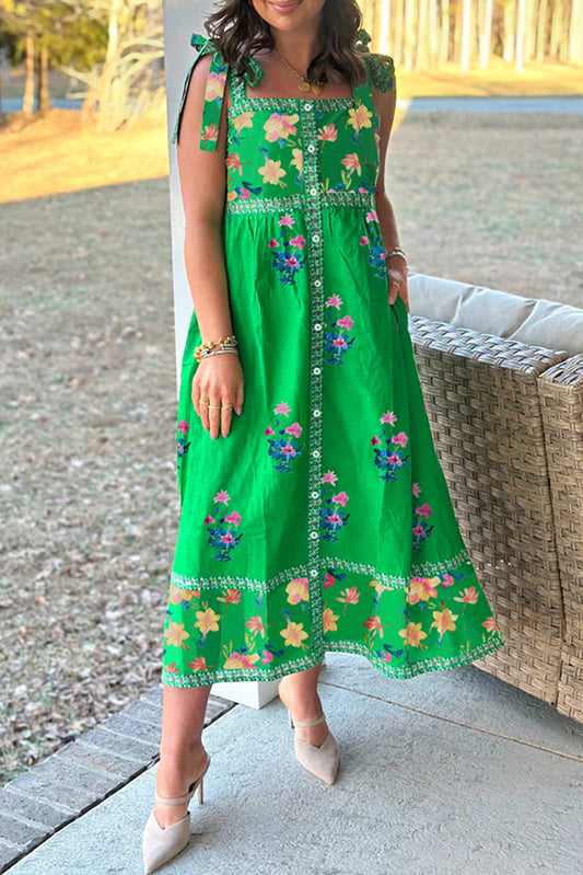 Floral Print Contrast Trim Knotted Straps Midi Dress