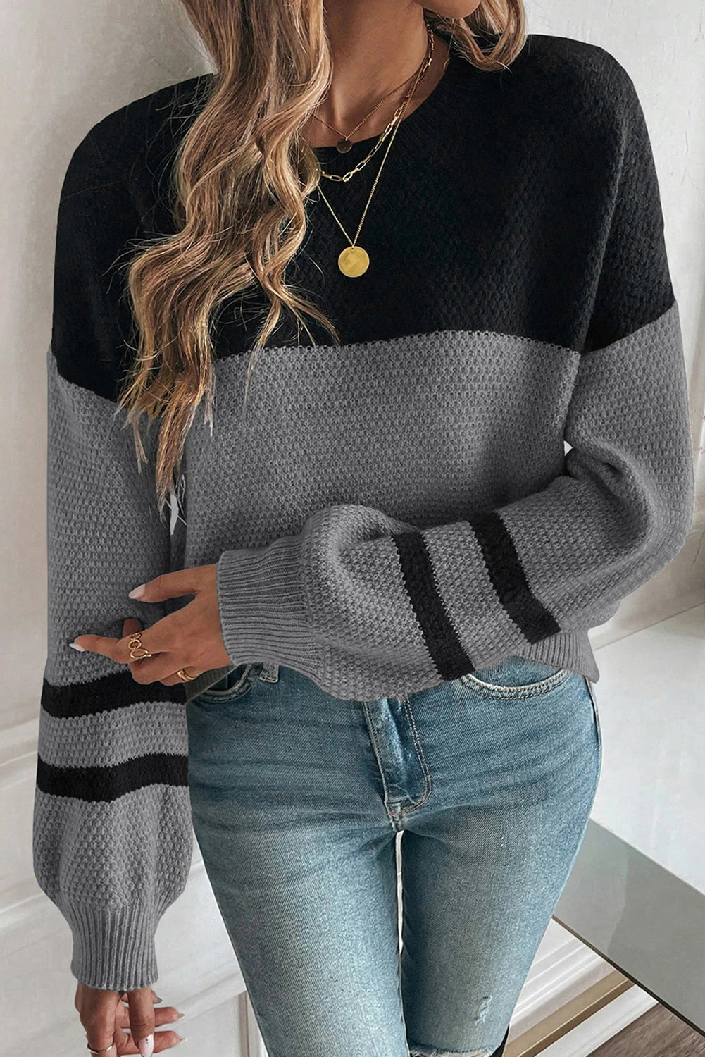 Block Knit Striped Sleeve Detail Casual Sweater