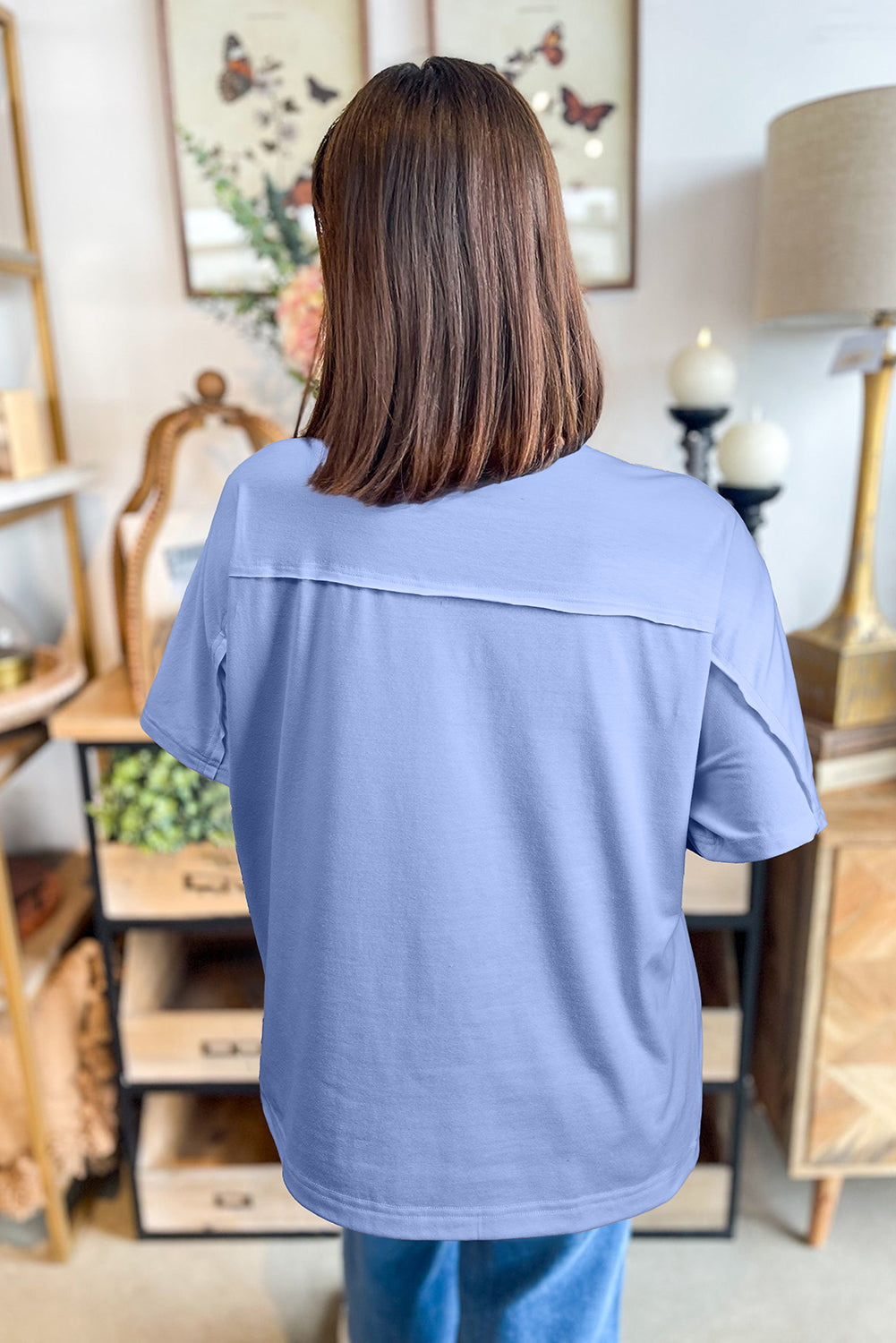 Flower Patched Exposed Stitching Trim Crew Neck Loose Tee