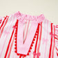 Ric-rac Trim Ruffled Sleeve V Neck Bow Striped Printed Blouse