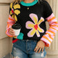 Cute Flower Pattern Striped Sleeve Sweater