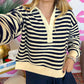 Stripe Collared V Neck Long Sleeve Casual Top