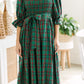 Square Neck Puff Sleeve Knot Waist Flared Midi Dress