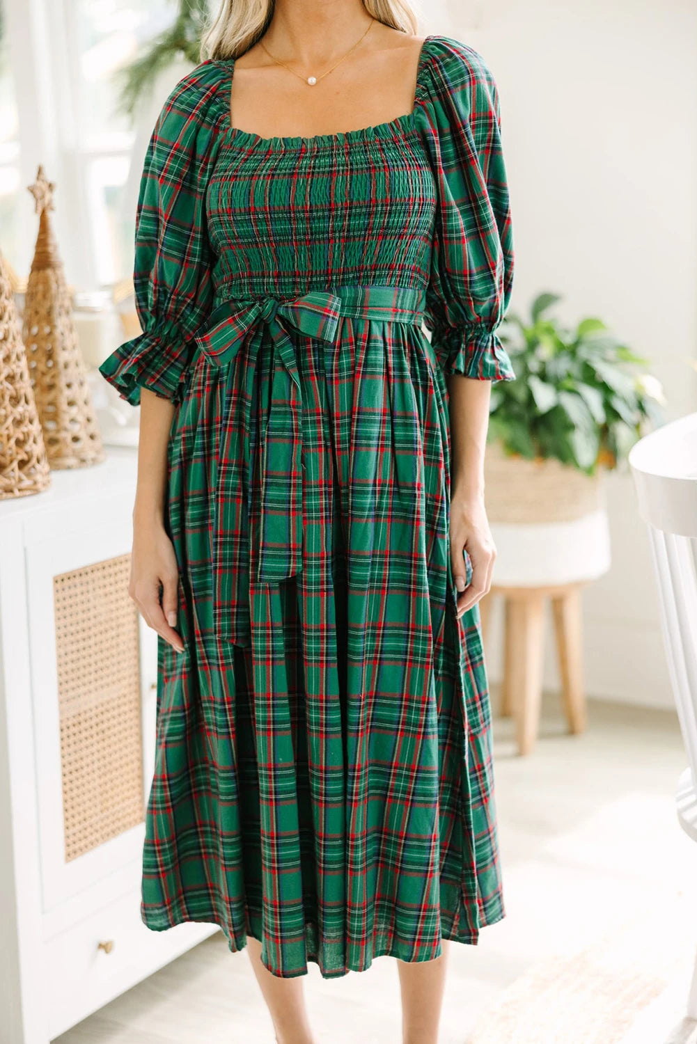 Square Neck Puff Sleeve Knot Waist Flared Midi Dress