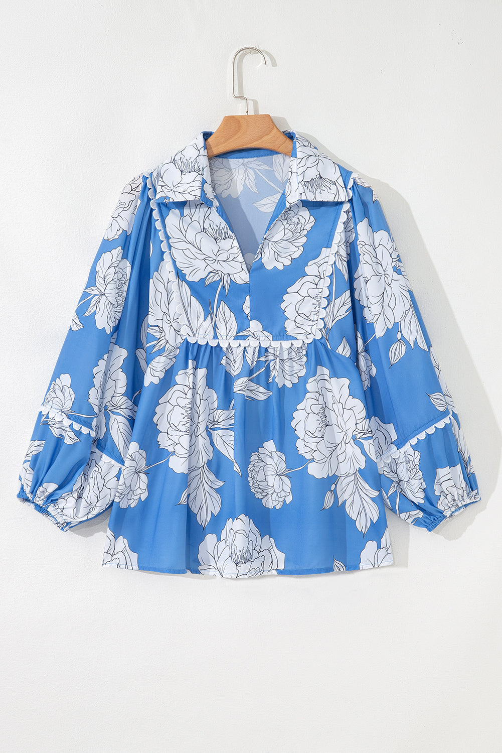 Floral Ricrac Trim Collared Puff Sleeve Loose Blouse