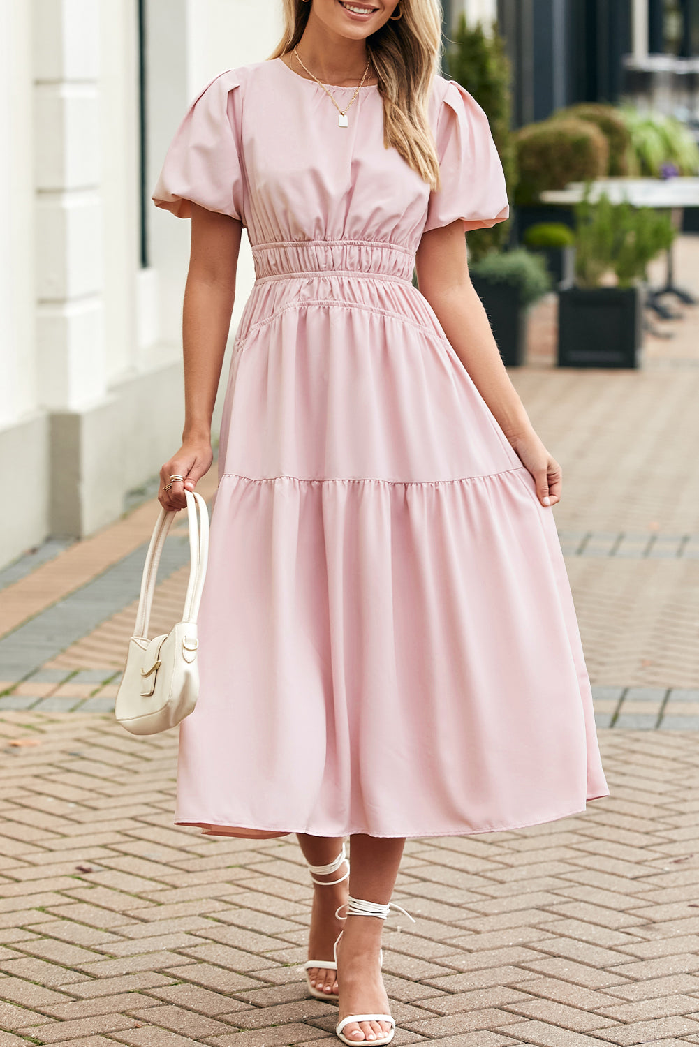 Puff Sleeve Pleated High Waist Flowy Midi Dress