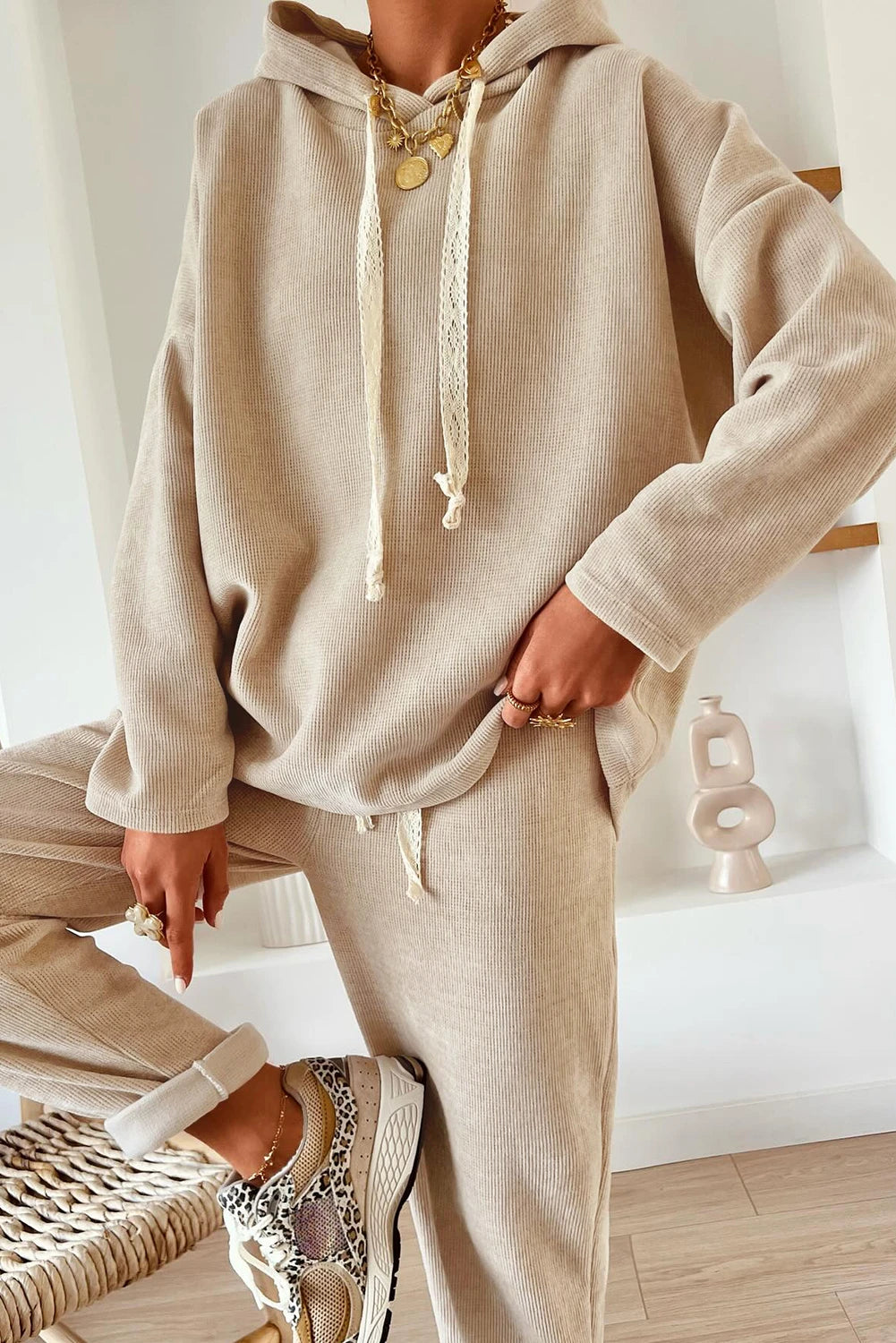 Hoodie and High Waist Pants Corduroy Suit