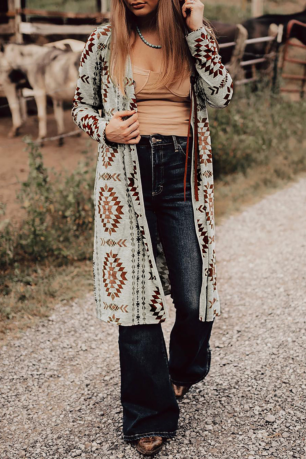 Aztec Open Front Long Cardigan