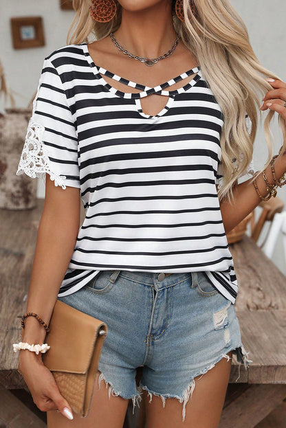 Cross Straps Hollowed Neck Lace Splicing Short Sleeve Blouse