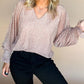 V Neck Sequin Plisse Long Sleeve Blouse