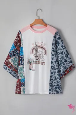 Asymmetric Printed Patchwork Sleeve Peace Desert Graphic Top