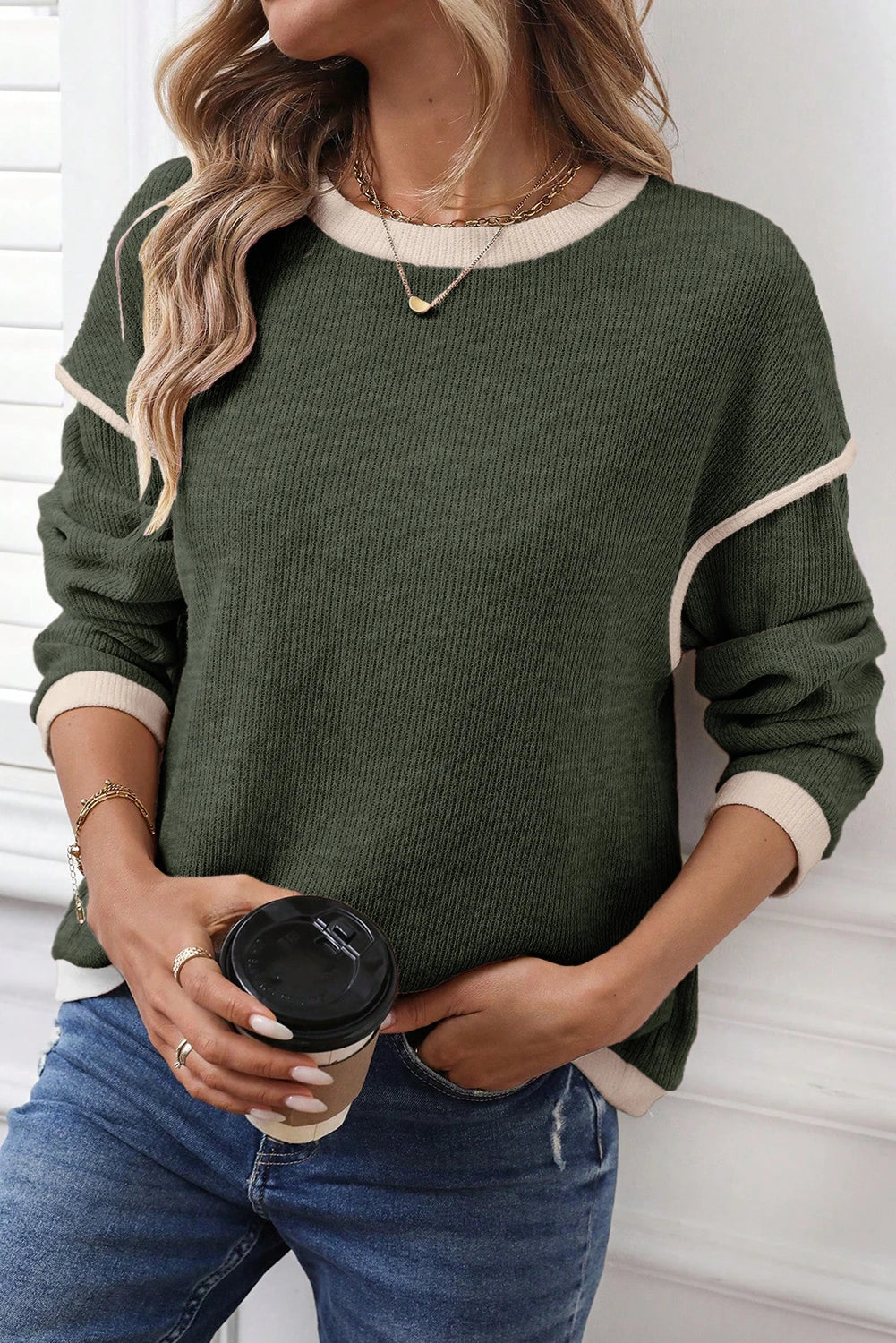 Trim Knit Drop Shoulder Loose Top