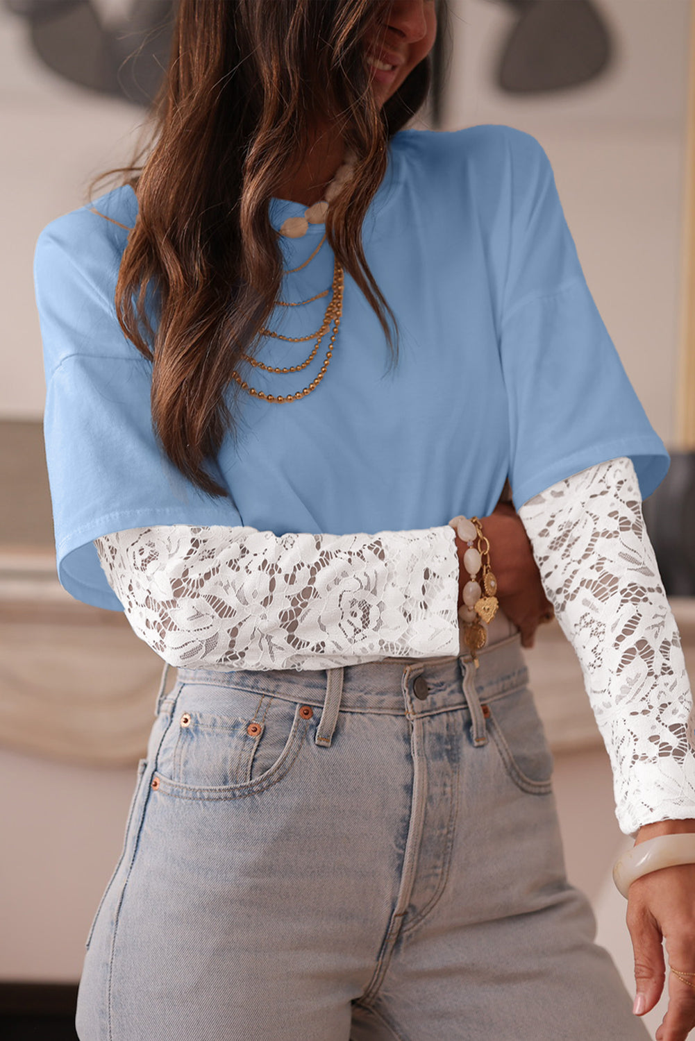Lace Long Sleeve Insert Drop Shoulder Tee